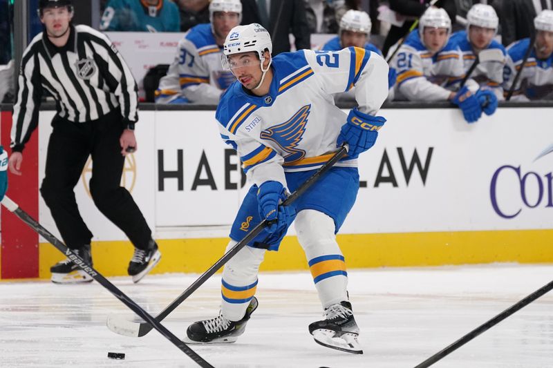 Mar 6, 2026; San Jose, California, USA; St. Louis Blues right winger Jordan Kyrou (25) controls the puck against the San Jose Sharks in the first period at SAP Center at San Jose. Mandatory Credit: David Gonzales-Imagn Images