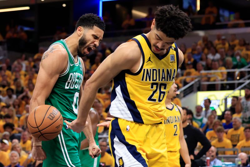 INDIANAPOLIS, INDIANA - MAY 27: Jayson Tatum #0 of the Boston Celtics reacts during the second quarter in Game Four of the Eastern Conference Finals at Gainbridge Fieldhouse on May 27, 2024 in Indianapolis, Indiana. NOTE TO USER: User expressly acknowledges and agrees that, by downloading and or using this photograph, User is consenting to the terms and conditions of the Getty Images License Agreement. (Photo by Justin Casterline/Getty Images)