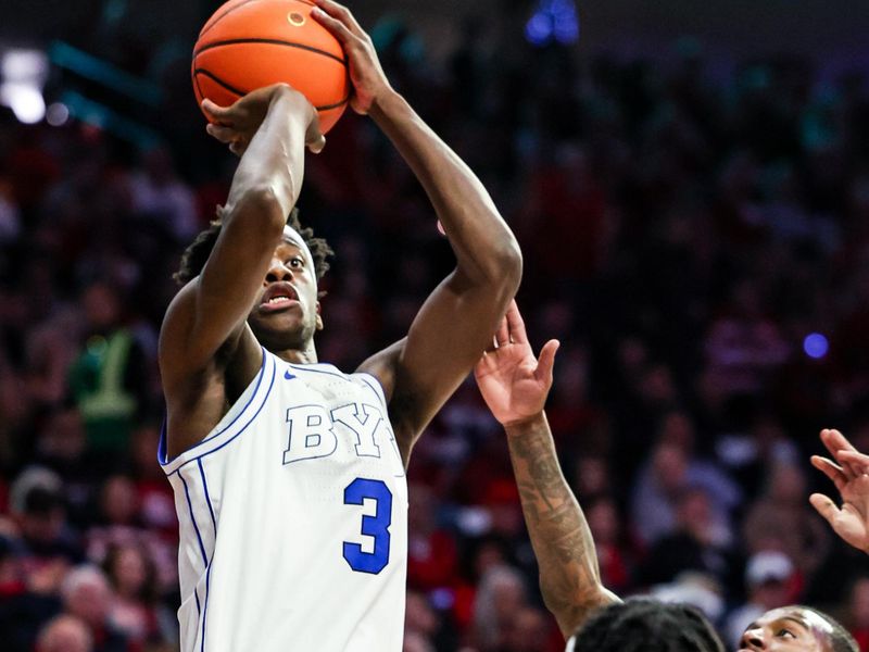 Feb 18, 2026; Tucson, Arizona, USA; Brigham Young Cougars forward AJ Dybantsa (3) shoots the ball during the first half of the game against the Arizona Wildcats at McKale Memorial Center. Mandatory Credit: Aryanna Frank-Imagn Images