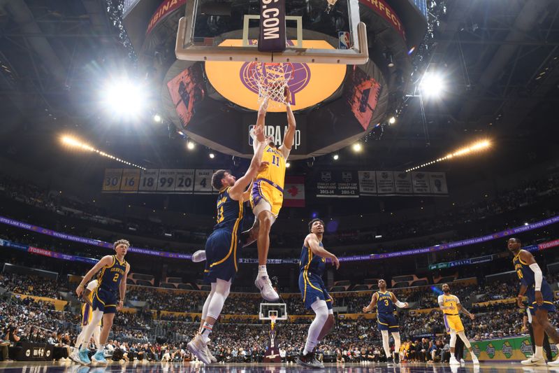 LOS ANGELES, CA - APRIL 9: Jaxson Hayes #11 of the Los Angeles Lakers dunks the ball during the game against the Golden State Warriors on April 9, 2024 at Crypto.Com Arena in Los Angeles, California. NOTE TO USER: User expressly acknowledges and agrees that, by downloading and/or using this Photograph, user is consenting to the terms and conditions of the Getty Images License Agreement. Mandatory Copyright Notice: Copyright 2024 NBAE (Photo by Andrew D. Bernstein/NBAE via Getty Images)