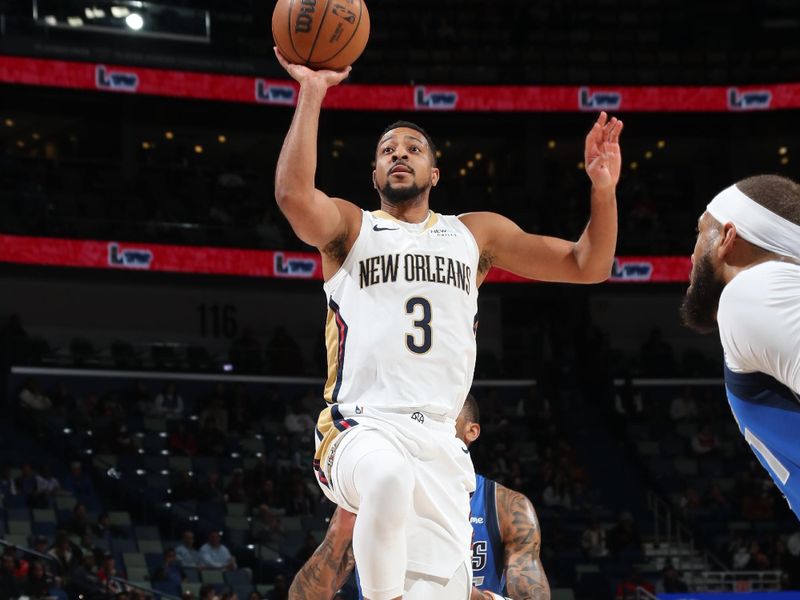 NEW ORLEANS, LA - JANUARY 15:  CJ McCollum #3 of the New Orleans Pelicans shoots the ball during the game against the Dallas Mavericks on January 15, 2025 at the Smoothie King Center in New Orleans, Louisiana. NOTE TO USER: User expressly acknowledges and agrees that, by downloading and or using this Photograph, user is consenting to the terms and conditions of the Getty Images License Agreement. Mandatory Copyright Notice: Copyright 2025 NBAE (Photo by Layne Murdoch Jr./NBAE via Getty Images)