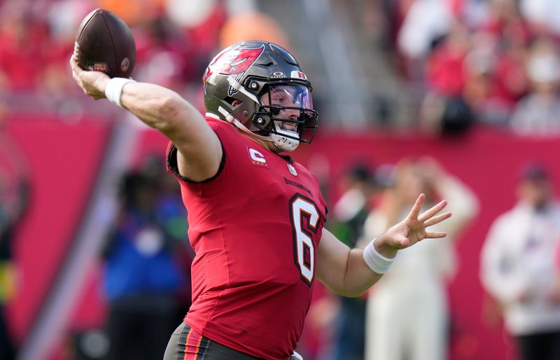 Tampa Bay Buccaneers quarterback Baker Mayfield (6) throws a pass against the New Orleans Saints during the second half of an NFL football game Sunday, Dec. 31, 2023, in Tampa, Fla. (AP Photo/Chris O'Meara)