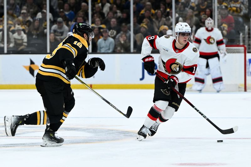 Nov 9, 2024; Boston, Massachusetts, USA; Ottawa Senators center Tim Stutzle (18) skates against Boston Bruins center Pavel Zacha (18) during the second period at TD Garden. Mandatory Credit: Brian Fluharty-Imagn Images