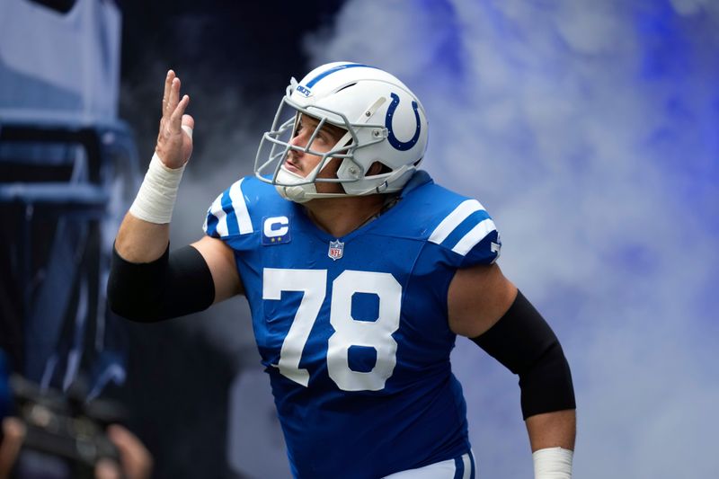 Indianapolis Colts center Ryan Kelly (78) runs to the field before an NFL football game against the Houston Texans, Sunday, Sept. 8, 2024, in Indianapolis. (AP Photo/Darron Cummings)