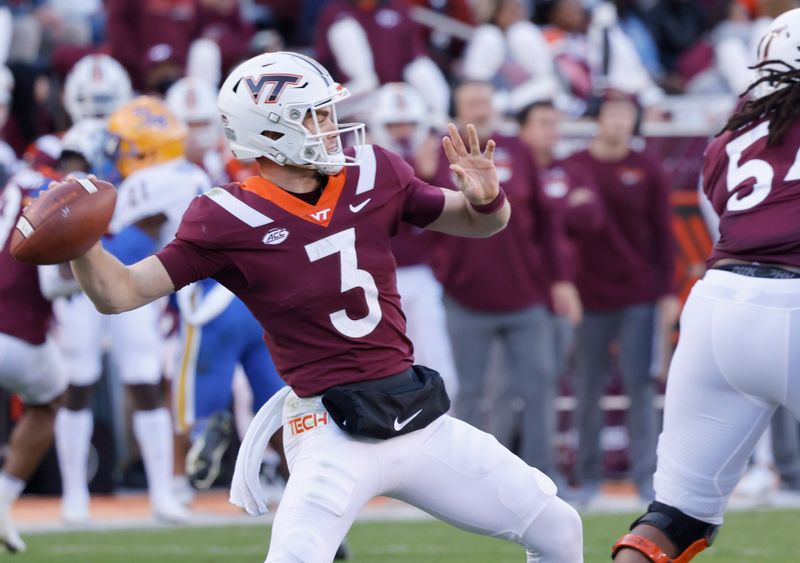 Oct 16, 2021; Blacksburg, Virginia, USA;  Virginia Tech Hokies quarterback Braxton Burmeister (3) throws a pass during the second quarter against the Pittsburgh Panthers at Lane Stadium. Mandatory Credit: Reinhold Matay-USA TODAY Sports