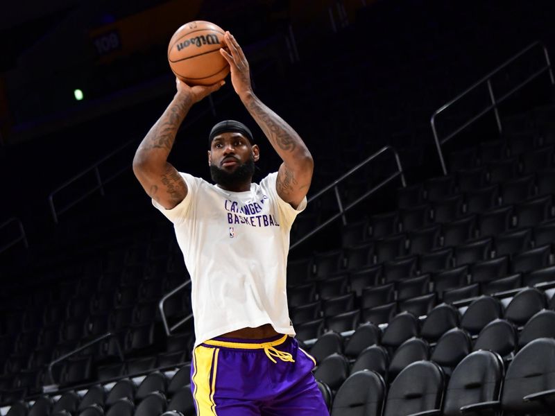 LOS ANGELES, CA - JANUARY 11: LeBron James #23 of the Los Angeles Lakers warms up before the game against the Phoenix Suns on January 11, 2024 at Crypto.Com Arena in Los Angeles, California. NOTE TO USER: User expressly acknowledges and agrees that, by downloading and/or using this Photograph, user is consenting to the terms and conditions of the Getty Images License Agreement. Mandatory Copyright Notice: Copyright 2024 NBAE (Photo by Adam Pantozzi/NBAE via Getty Images)