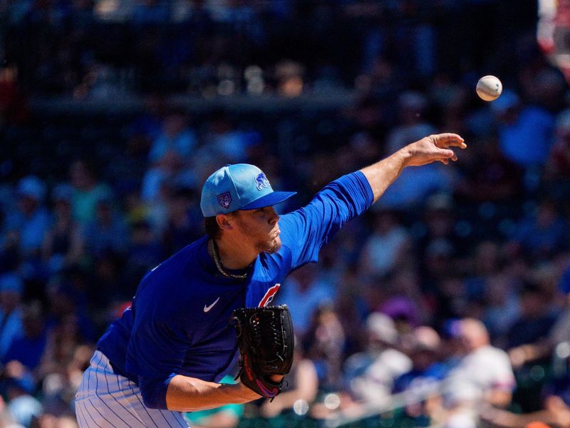 Mar 22, 2024; Mesa, Arizona, USA; Chicago Cubs starting pitcher Justin Steele (35) delivers a pitch in the first inning during a spring training game against the San Francisco Giants at Sloan Park. Mandatory Credit: Allan Henry-USA TODAY Sports