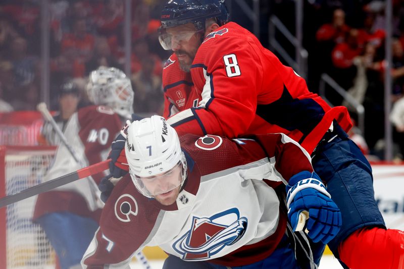 Feb 13, 2024; Washington, District of Columbia, USA; Washington Capitals left wing Alex Ovechkin (8) checks Colorado Avalanche defenseman Devon Toews (7) in the third period at Capital One Arena. Mandatory Credit: Geoff Burke-USA TODAY Sports