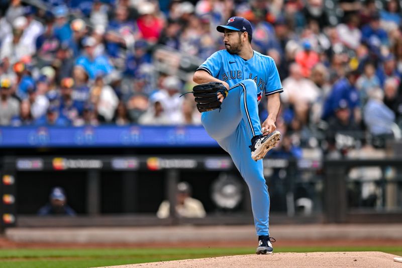 Jun 4, 2023; New York City, New York, USA; Toronto Blue Jays starting pitcher Yusei Kikuchi (16) pitches against the New York Mets during the first inning at Citi Field. Mandatory Credit: John Jones-USA TODAY Sports