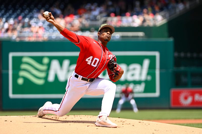 May 21, 2023; Washington, District of Columbia, USA; Washington Nationals starting pitcher Josiah Gray (40) throws to the Detroit Tigers during the first inning at Nationals Park. Mandatory Credit: Brad Mills-USA TODAY Sports