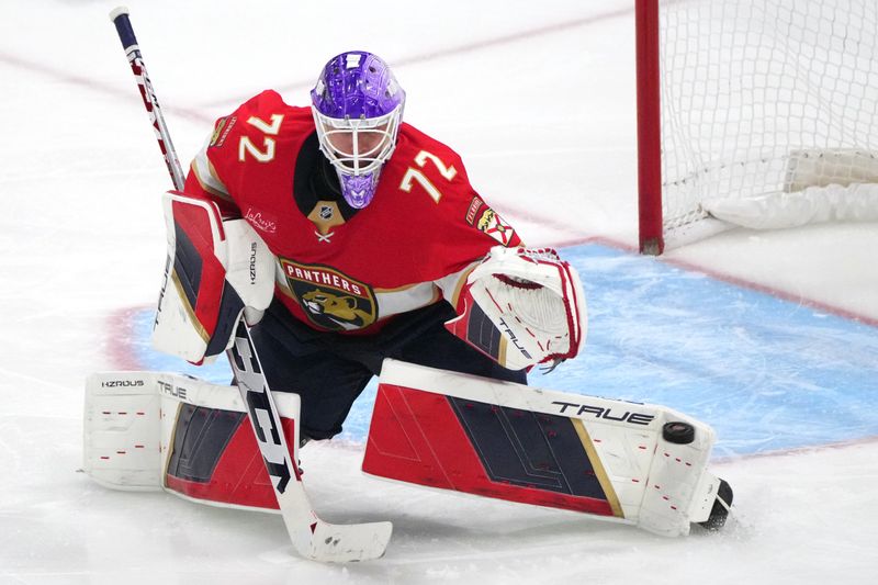 Nov 23, 2024; Sunrise, Florida, USA;  Florida Panthers goaltender Sergei Bobrovsky (72) makes a save in the third period against the Colorado Avalanche at Amerant Bank Arena. Mandatory Credit: Jim Rassol-Imagn Images