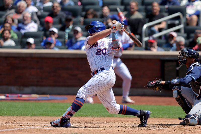 May 18, 2023; New York City, New York, USA; New York Mets first baseman Pete Alonso (20) follows through on a solo home run against the Tampa Bay Rays during the fourth inning at Citi Field. Mandatory Credit: Brad Penner-USA TODAY Sports