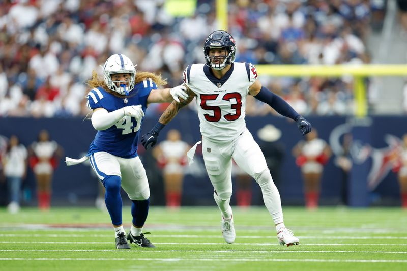 Houston Texans linebacker Blake Cashman (53) runs down on special teams with Grant Stuard (41) during an NFL football game against the Indianapolis Colts on Sunday, September 11, 2022, in Houston. (AP Photo/Matt Patterson)