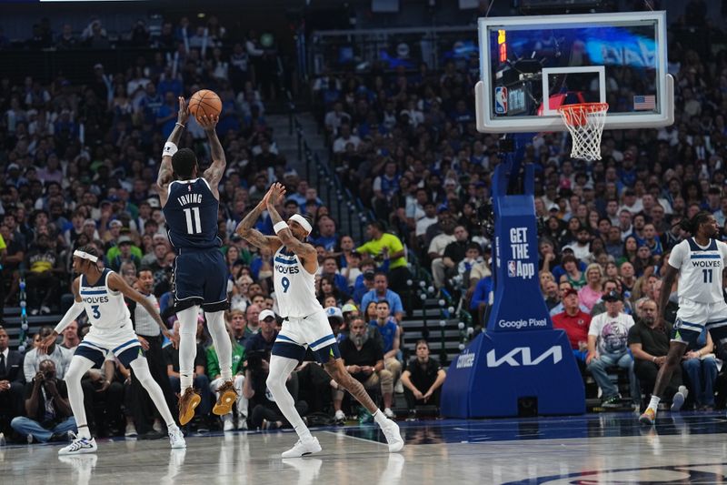 DALLAS, TX - MAY 28: Kyrie Irving #11 of the Dallas Mavericks shoots the ball during the game against the Minnesota Timberwolves during Game 4 of the Western Conference Finals of the 2024 NBA Playoffs on May 28, 2024 at the American Airlines Center in Dallas, Texas. NOTE TO USER: User expressly acknowledges and agrees that, by downloading and or using this photograph, User is consenting to the terms and conditions of the Getty Images License Agreement. Mandatory Copyright Notice: Copyright 2024 NBAE (Photo by Glenn James/NBAE via Getty Images)