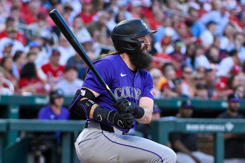 Jun 6, 2024; St. Louis, Missouri, USA;  Colorado Rockies designated hitter Charlie Blackmon (19) drives in a run as he hits into a fielders choice against the St. Louis Cardinals during the third inning at Busch Stadium. Mandatory Credit: Jeff Curry-USA TODAY Sports