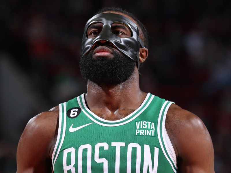 PORTLAND, OR - MARCH 17: Jaylen Brown #7 of the Boston Celtics prepares to shoot a free throw against the Portland Trail Blazers on March 17, 2023 at the Moda Center Arena in Portland, Oregon. NOTE TO USER: User expressly acknowledges and agrees that, by downloading and or using this photograph, user is consenting to the terms and conditions of the Getty Images License Agreement. Mandatory Copyright Notice: Copyright 2023 NBAE (Photo by Sam Forencich/NBAE via Getty Images)