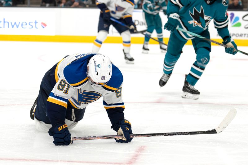 Oct 10, 2024; San Jose, California, USA;  St. Louis Blues center Dylan Holloway (81) reacts after missing a goal during the second period against the San Jose Sharks at SAP Center at San Jose. Mandatory Credit: Stan Szeto-Imagn Images