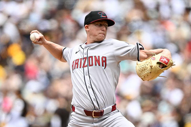 Jun 9, 2024; San Diego, California, USA; Arizona Diamondbacks starting pitcher Scott McGough pitches during the first inning against the San Diego Padres at Petco Park. Mandatory Credit: Denis Poroy-USA TODAY Sports at Petco Park. 