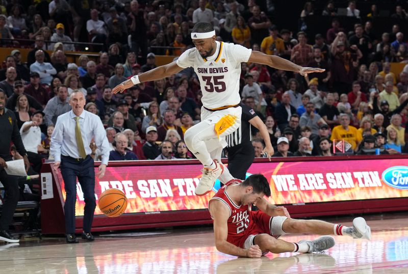 Feb 18, 2023; Tempe, Arizona, USA; Arizona State Sun Devils guard Devan Cambridge (35) and Utah Utes guard Lazar Stefanovic (20) go after a loose ball during the second half at Desert Financial Arena. Mandatory Credit: Joe Camporeale-USA TODAY Sports