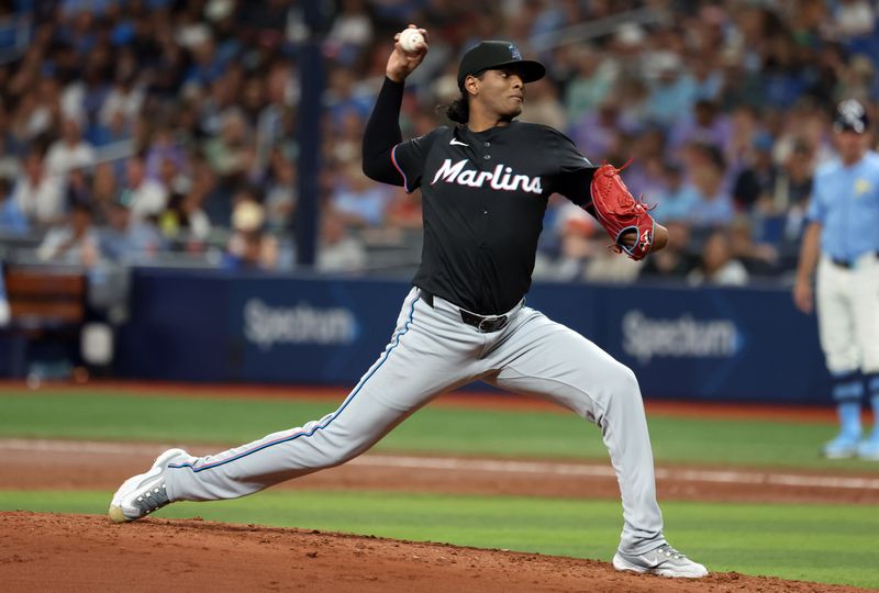 Jul 30, 2024; St. Petersburg, Florida, USA;  Miami Marlins starting pitcher Edward Cabrera (27) throws a pitch against the Tampa Bay Rays during the second inning at Tropicana Field. Mandatory Credit: Kim Klement Neitzel-USA TODAY Sports