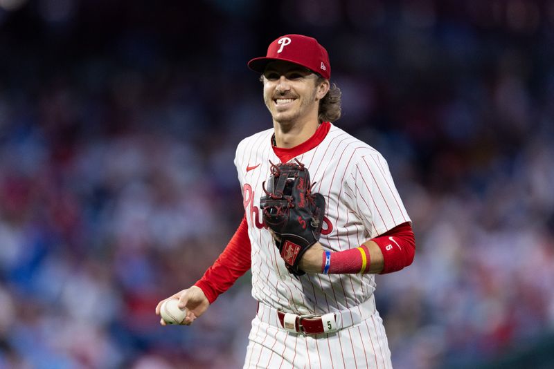 May 15, 2024; Philadelphia, Pennsylvania, USA; Philadelphia Phillies second base Bryson Stott (5) during the fifth inning against the New York Mets at Citizens Bank Park. Mandatory Credit: Bill Streicher-USA TODAY Sports