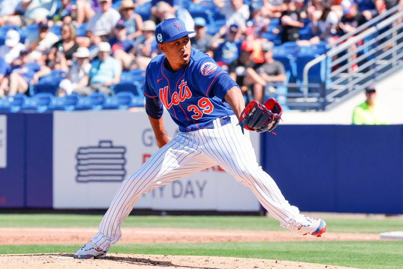 Feb 28, 2023; Port St. Lucie, Florida, USA; New York Mets relief pitcher Edwin Diaz (39) throws a pitch during the second inning against the Houston Astros at Clover Park. Mandatory Credit: Reinhold Matay-USA TODAY Sports