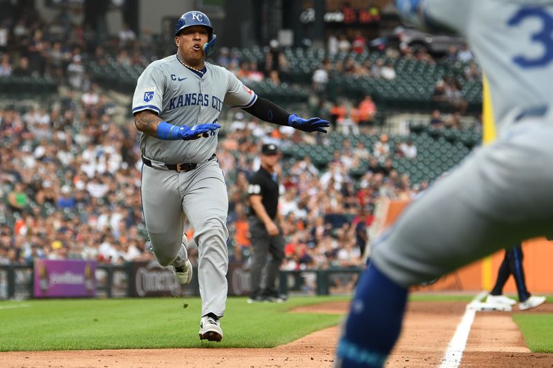 Aug 2, 2024; Detroit, Michigan, USA;  Kansas City Royals first baseman Salvador Perez (13) runs to home plate to score a run against the Detroit Tigers in the fourth inning at Comerica Park. Mandatory Credit: Lon Horwedel-USA TODAY Sports