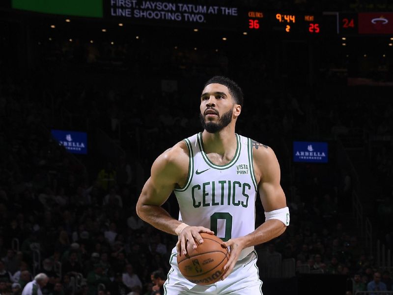 BOSTON, MA - APRIL 21: Jayson Tatum #0 of the Boston Celtics shoots a free throw during the game against the Miami Heat during Round 1 Game 1 of the 2024 NBA Playoffs on April 21, 2024 at the TD Garden in Boston, Massachusetts. NOTE TO USER: User expressly acknowledges and agrees that, by downloading and or using this photograph, User is consenting to the terms and conditions of the Getty Images License Agreement. Mandatory Copyright Notice: Copyright 2024 NBAE  (Photo by Brian Babineau/NBAE via Getty Images)