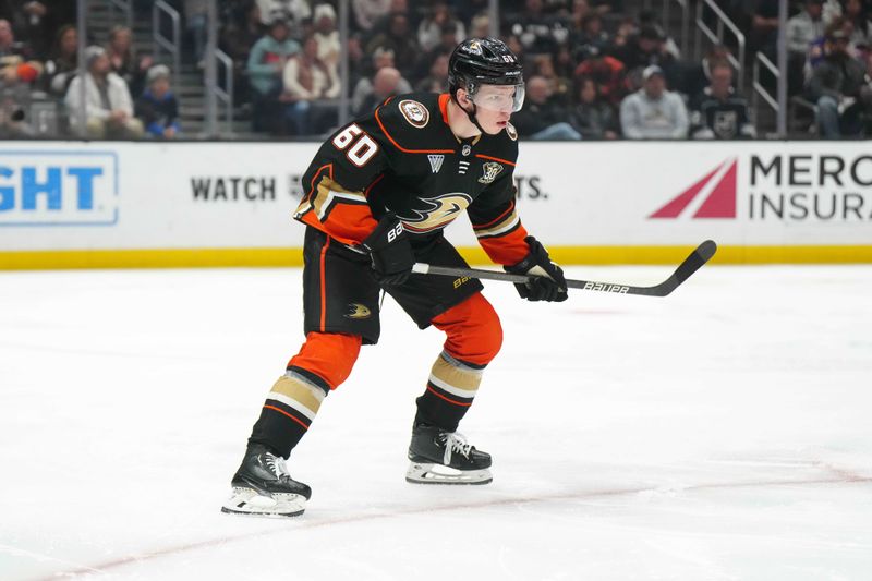 Apr 13, 2024; Los Angeles, California, USA; Anaheim Ducks defenseman Jackson LaCombe (60) against the LA Kings in the second period at Crypto.com Arena. Mandatory Credit: Kirby Lee-USA TODAY Sports