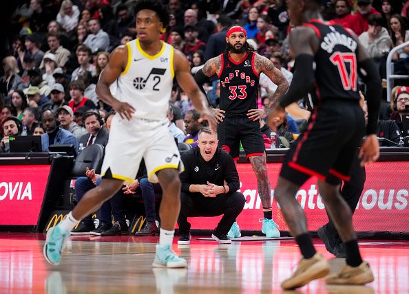 TORONTO, ON - DECEMBER 23: Darko Rajakovic head coach of the Toronto Raptors yells as his team plays the Utah Jazz during the second half of their basketball game at the Scotiabank Arena on December 23, 2023 in Toronto, Ontario, Canada. NOTE TO USER: User expressly acknowledges and agrees that, by downloading and/or using this Photograph, user is consenting to the terms and conditions of the Getty Images License Agreement. (Photo by Mark Blinch/Getty Images)