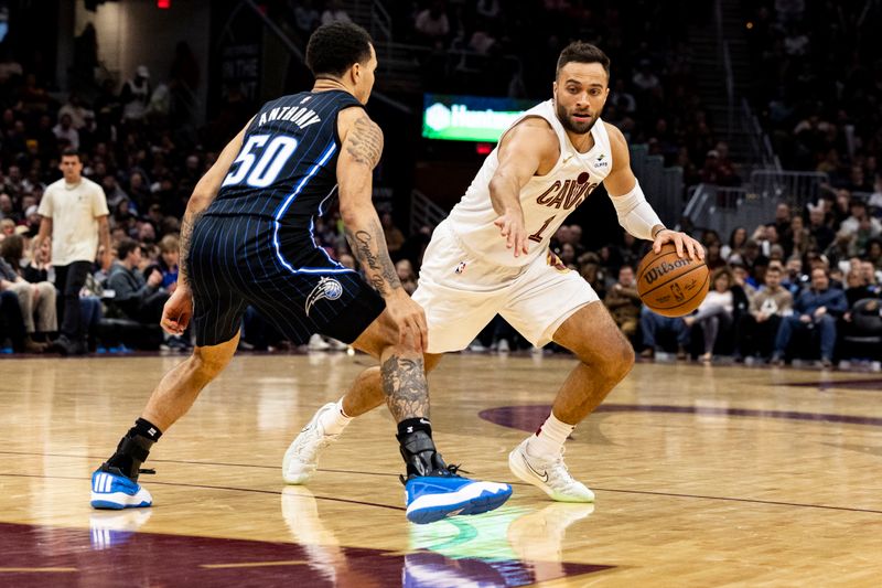 CLEVELAND, OHIO - FEBRUARY 22: Max Strus #1 of the Cleveland Cavaliers drives down the court during the game against the against the Orlando Magic at Rocket Mortgage Fieldhouse on February 22, 2024 in Cleveland, Ohio. The Magic beat the Cavaliers 116-109.<p><br/></p>NOTE TO USER: User expressly acknowledges and agrees that, by downloading and or using this photograph, User is consenting to the terms and conditions of the Getty Images License Agreement. (Photo by Lauren Leigh Bacho/Getty Images)