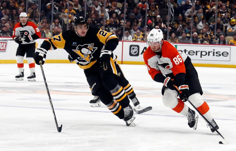 Feb 25, 2024; Pittsburgh, Pennsylvania, USA;  Philadelphia Flyers left wing Joel Farabee (86) skates with the puck against Pittsburgh Penguins defenseman Ryan Graves (27) during the third period at PPG Paints Arena.  Pittsburgh won 7-6. Mandatory Credit: Charles LeClaire-USA TODAY Sports