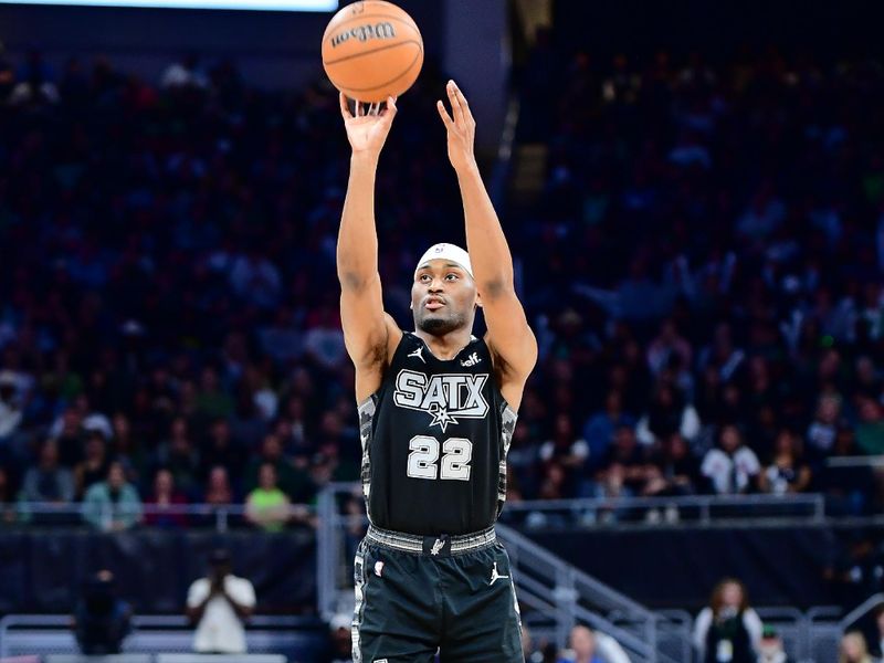 AUSTIN, TX - MARCH 17: Malaki Branham #22 of the San Antonio Spurs shoots a three point basket during the game against the Brooklyn Nets on March 17, 2024 at the Moody Center in Austin, Texas. NOTE TO USER: User expressly acknowledges and agrees that, by downloading and or using this photograph, user is consenting to the terms and conditions of the Getty Images License Agreement. Mandatory Copyright Notice: Copyright 2024 NBAE (Photos by Michael Gonzales/NBAE via Getty Images)