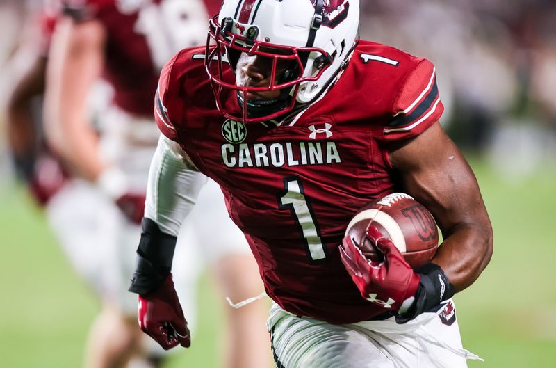 Sep 24, 2022; Columbia, South Carolina, USA; South Carolina Gamecocks running back MarShawn Lloyd (1) rushes for a touchdown against the Charlotte 49ers in the second half at Williams-Brice Stadium. Mandatory Credit: Jeff Blake-USA TODAY Sports