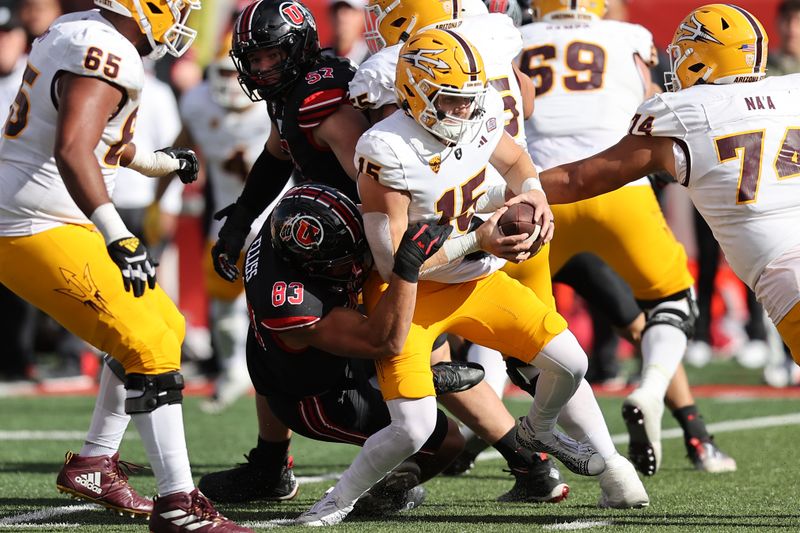 Nov 4, 2023; Salt Lake City, Utah, USA; Utah Utes defensive end Jonah Elliss (83) sacks Arizona State Sun Devils quarterback Jacob Conover (15) in the third quarter at Rice-Eccles Stadium. Mandatory Credit: Rob Gray-USA TODAY Sports