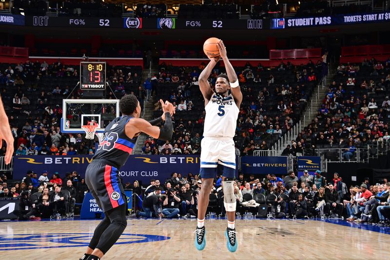 DETROIT, MI - JANUARY 17: Anthony Edwards #5 of the Minnesota Timberwolves shoots a three point basket during the game against the Detroit Pistons on January 17, 2024 at Little Caesars Arena in Detroit, Michigan. NOTE TO USER: User expressly acknowledges and agrees that, by downloading and/or using this photograph, User is consenting to the terms and conditions of the Getty Images License Agreement. Mandatory Copyright Notice: Copyright 2024 NBAE (Photo by Chris Schwegler/NBAE via Getty Images)