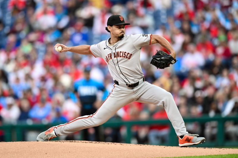 May 3, 2024; Philadelphia, Pennsylvania, USA; San Francisco Giants pitcher Jordan Hicks (12) pitches against the Philadelphia Phillies during the first inning at Citizens Bank Park. Mandatory Credit: John Jones-USA TODAY Sports