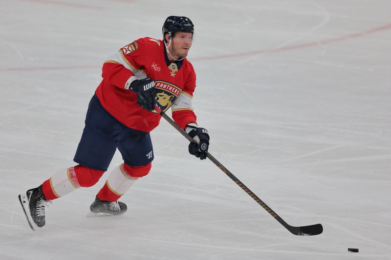 Mar 1, 2025; Sunrise, Florida, USA; Florida Panthers defenseman Dmitry Kulikov (7) moves the puck against the Calgary Flames during the second period at Amerant Bank Arena. Mandatory Credit: Sam Navarro-Imagn Images