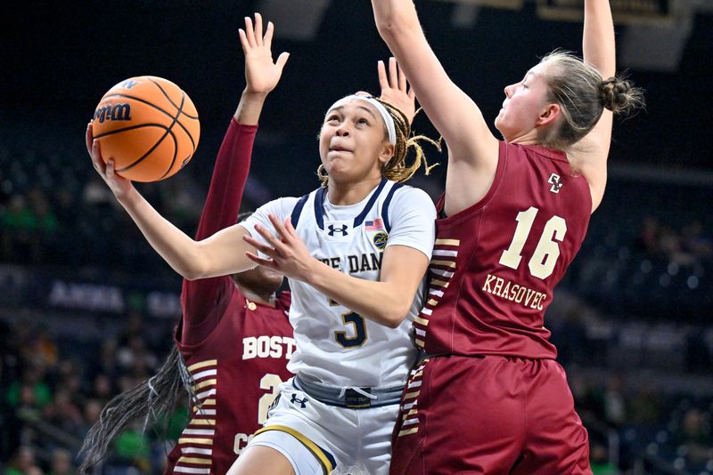 Jan 11, 2024; South Bend, Indiana, USA; Notre Dame Fighting Irish guard Hannah Hidalgo (3) goes up for a shot between Boston College Eagles guard Andrea Daley (21) and forward Lili Krasovec (16) in the second half at the Purcell Pavilion. Mandatory Credit: Matt Cashore-USA TODAY Sports