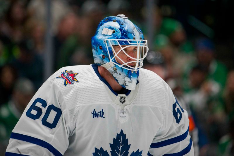 Oct 26, 2023; Dallas, Texas, USA; Toronto Maple Leafs goaltender Joseph Woll (60) faces the Dallas Stars attack during the second period at the American Airlines Center. Mandatory Credit: Jerome Miron-USA TODAY Sports