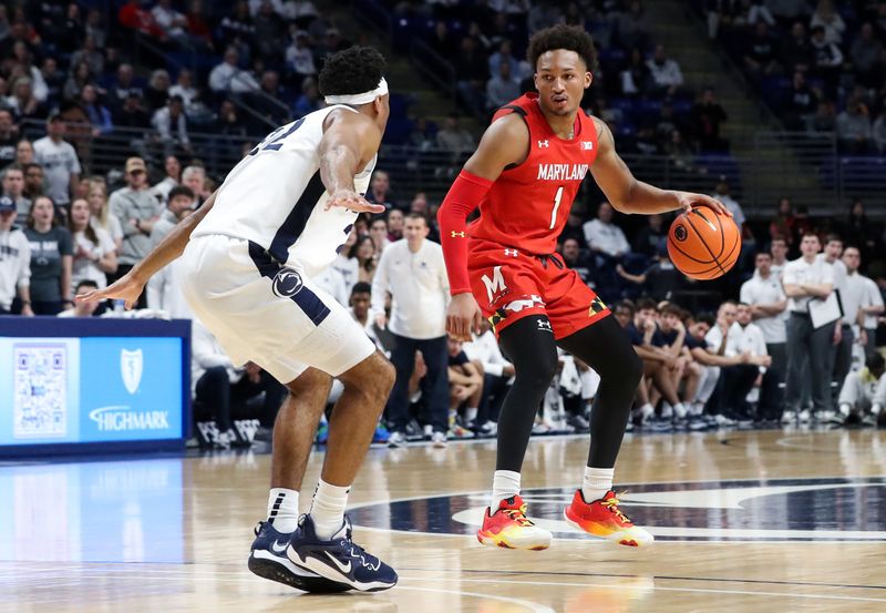 Mar 5, 2023; University Park, Pennsylvania, USA; Maryland Terrapins guard Jahmir Young (1) dribbles the ball as Penn State Nittany Lions guard Jalen Pickett (22) defends during the second half at Bryce Jordan Center. Mandatory Credit: Matthew OHaren-USA TODAY Sports