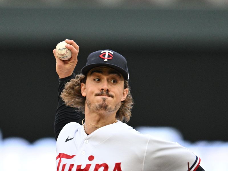 Aug 26, 2023; Minneapolis, Minnesota, USA; Minnesota Twins starting pitcher Joe Ryan (41) throws a pitch during the first inning against the Texas Rangers at Target Field. Mandatory Credit: Jeffrey Becker-USA TODAY Sports