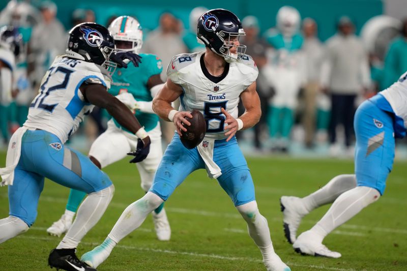 Tennessee Titans quarterback Will Levis (8) looks to pass during the second half of an NFL football game against the Miami Dolphins, Monday, Dec. 11, 2023, in Miami. (AP Photo/Lynne Sladky)