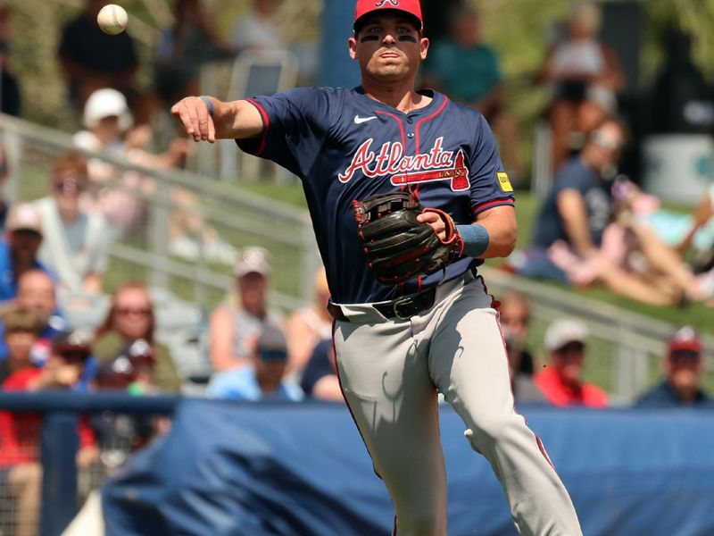 Mar 18, 2024; Port Charlotte, Florida, USA;  Atlanta Braves third baseman Austin Riley (27) throws the ball to first base for an out during the first inning against the Tampa Bay Rays at Charlotte Sports Park. Mandatory Credit: Kim Klement Neitzel-USA TODAY Sports