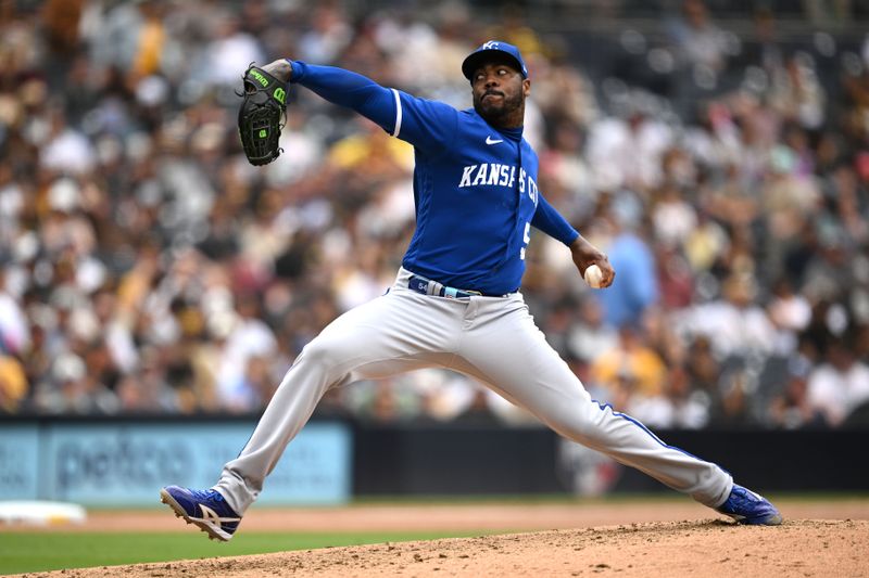 May 17, 2023; San Diego, California, USA; Kansas City Royals relief pitcher Aroldis Chapman (54) throws a pitch during the seventh inning against the San Diego Padres at Petco Park. Mandatory Credit: Orlando Ramirez-USA TODAY Sports