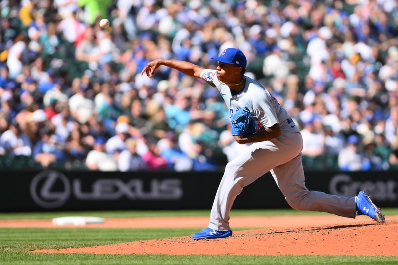 Apr 14, 2024; Seattle, Washington, USA; Chicago Cubs relief pitcher Yency Almonte (25) pitches to the Seattle Mariners during the sixth inning at T-Mobile Park. Mandatory Credit: Steven Bisig-USA TODAY Sports