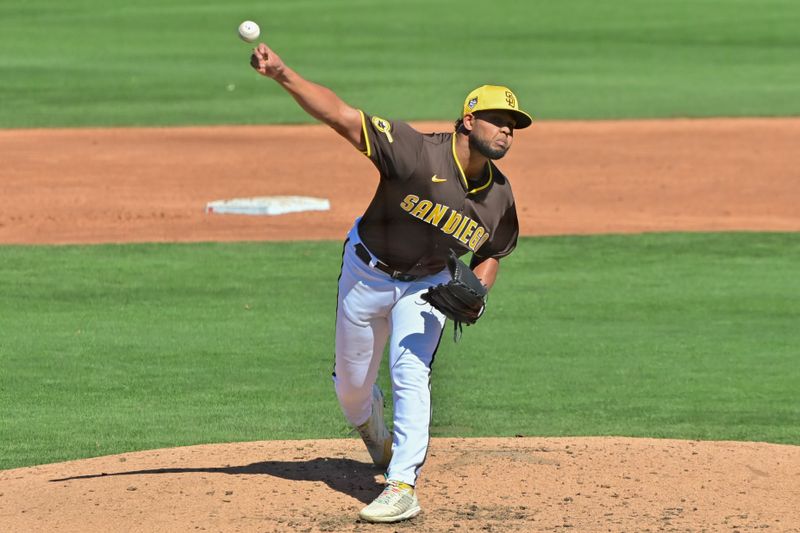 Mar 1, 2024; Peoria, Arizona, USA; San Diego Padres starting pitcher Randy Vasquez (98) throws in the third inning against the Los Angeles Angels during a spring training game at Peoria Sports Complex. Mandatory Credit: Matt Kartozian-USA TODAY Sports