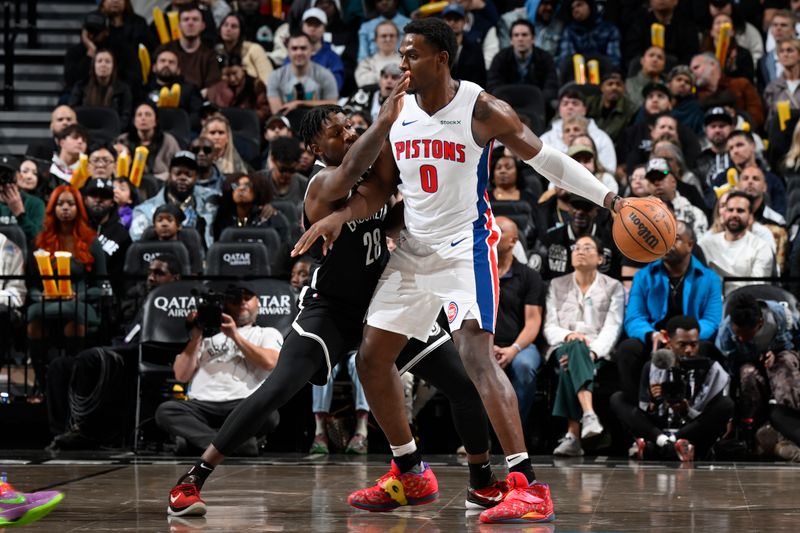 BROOKLYN, NY - NOVEMBER 3: Jalen Duren #0 of the Detroit Pistons handles the ball during the game against the Brooklyn Nets on November 3, 2024 at Barclays Center in Brooklyn, New York. NOTE TO USER: User expressly acknowledges and agrees that, by downloading and or using this Photograph, user is consenting to the terms and conditions of the Getty Images License Agreement. Mandatory Copyright Notice: Copyright 2024 NBAE (Photo by David Dow/NBAE via Getty Images)