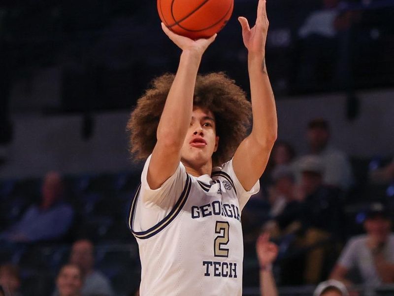 Dec 9, 2023; Atlanta, Georgia, USA; Georgia Tech Yellow Jackets guard Naithan George (2) shoots against the Alabama A&M Bulldogs in the first half at McCamish Pavilion. Mandatory Credit: Brett Davis-USA TODAY Sports