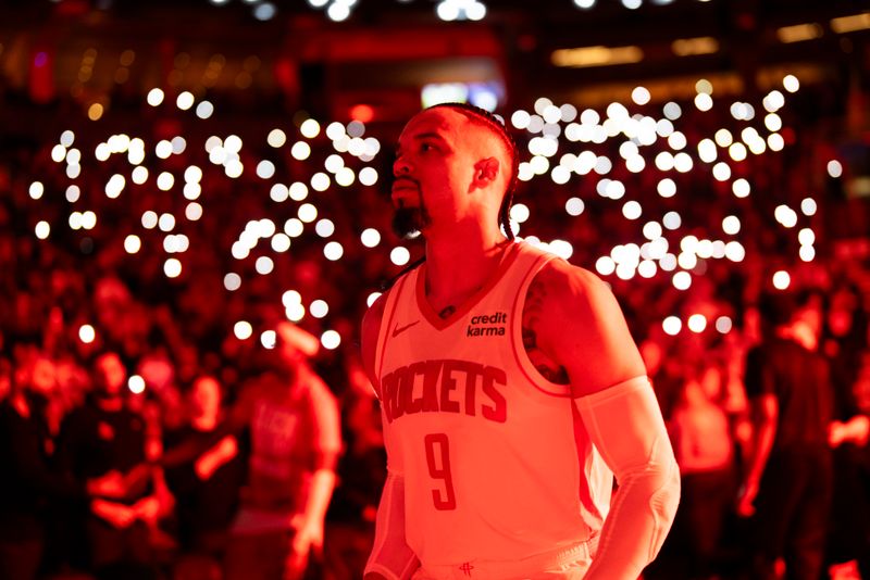 TORONTO, ON - FEBRUARY 9: Dillon Brooks #9 of the Houston Rockets looks on during player introductions ahead of playing the Toronto Raptors in their basketball game at the Scotiabank Arena on February 9, 2024 in Toronto, Ontario, Canada. NOTE TO USER: User expressly acknowledges and agrees that, by downloading and/or using this Photograph, user is consenting to the terms and conditions of the Getty Images License Agreement. (Photo by Mark Blinch/Getty Images)